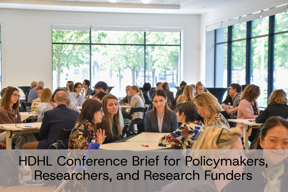 People working in groups at tables with text "HDHL Conference Brief for Policymakers, Researchers, and Research Funders"